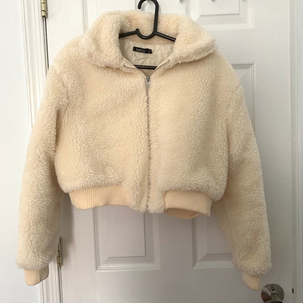 Boohoo Crop Faux Teddy Fur Bomber Jacket